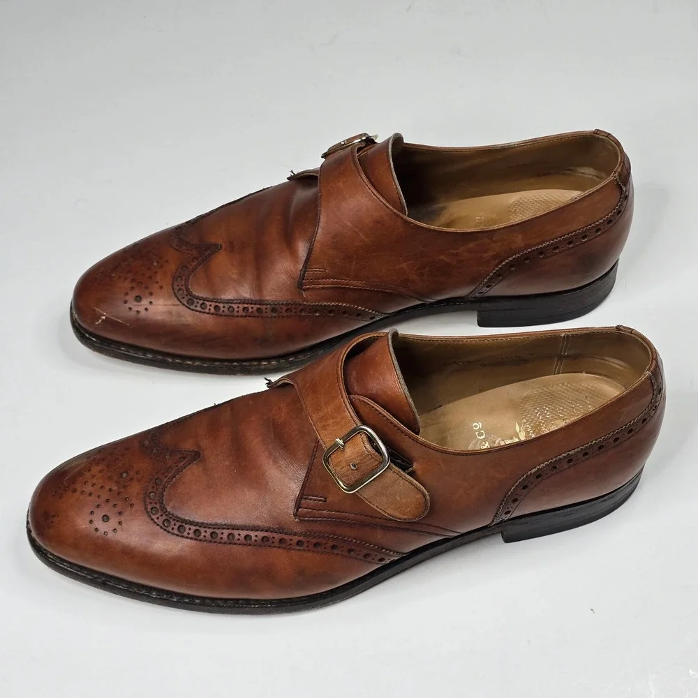 Brooks Brothers Peal & Co Mens Tan Leather Wingtip Monk Strap Shoes 10.5 D UK